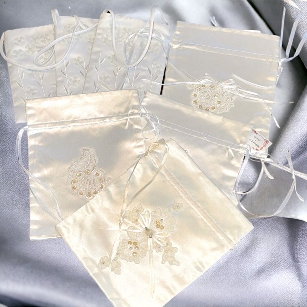 7 Beautiful Hand Crafted Silk and Beaded Drawstring Bags All New